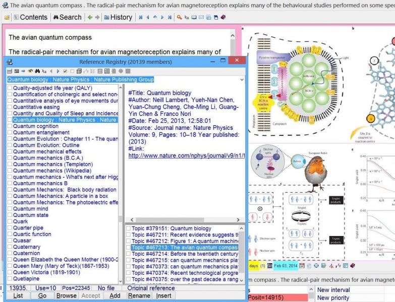 SuperMemo: References are kept in a dedicated registry while their individual text fields (e.g. title, author, date, source, etc.) are stored in the text registry, and thus are available for global text searches