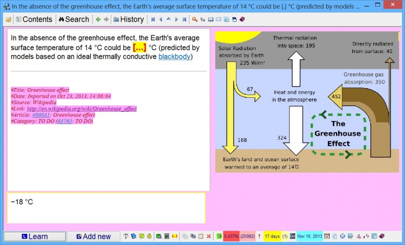 A question-answer item (in the form of a cloze deletion) forming the final product of incremental reading used in strengthening the memory of a given fact (here: hypothetical temperature on Earth devoid of atmosphere)