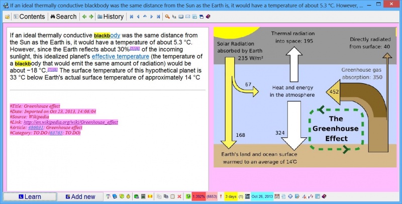 SuperMemo: An extract produced from an article about the greenhouse effect (references (in pink) at the bottom are added automatically)