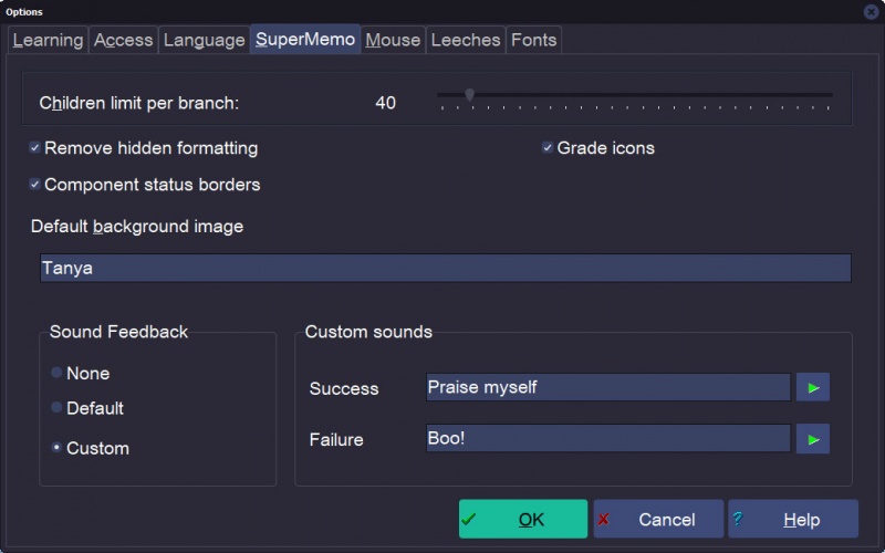 SuperMemo: Tools : Options : SuperMemo tab