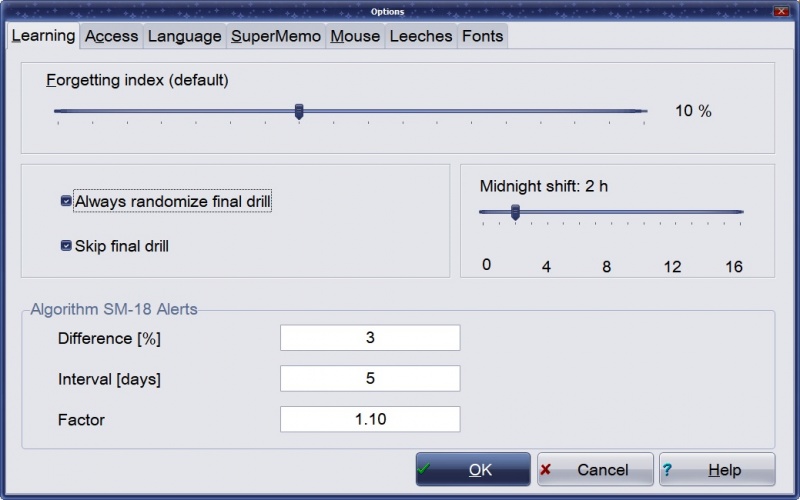 SuperMemo: Tools : Options : Learning tab