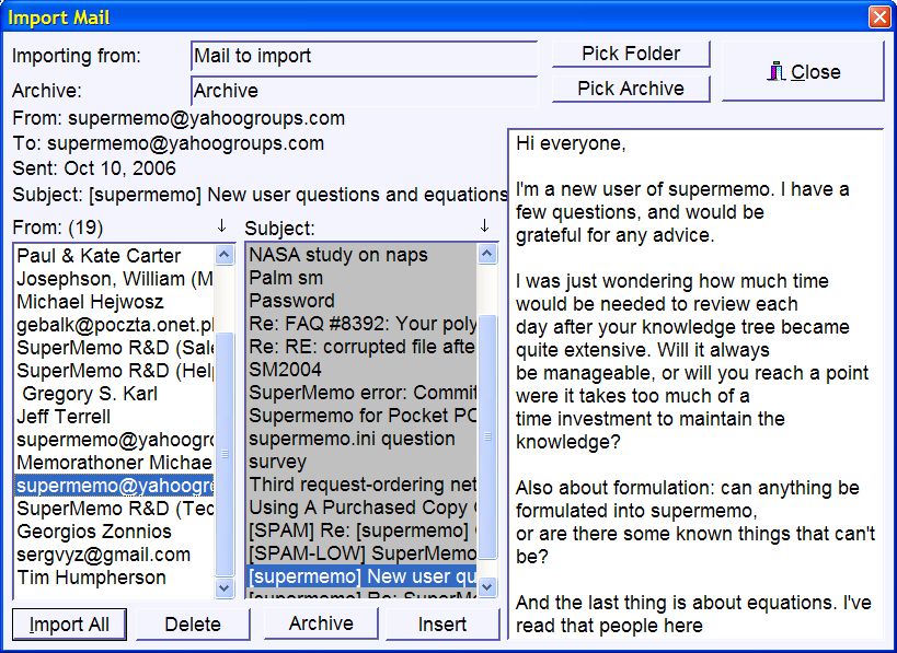 Importing mail from MS Outlook to SuperMemo